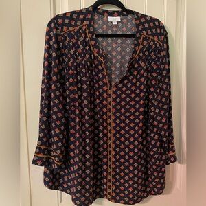 J. Jill Navy and Orange Graphic 3/4 Sleeve Blouse